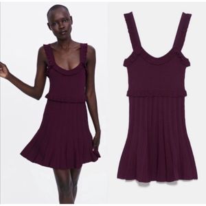 ZARA Burgundy Sleeveless Drop Ruffle Details Waist Mini Dress